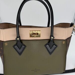 Louis Vuitton Olive Green, Beige and Black Leather Tote with Monogram Sides